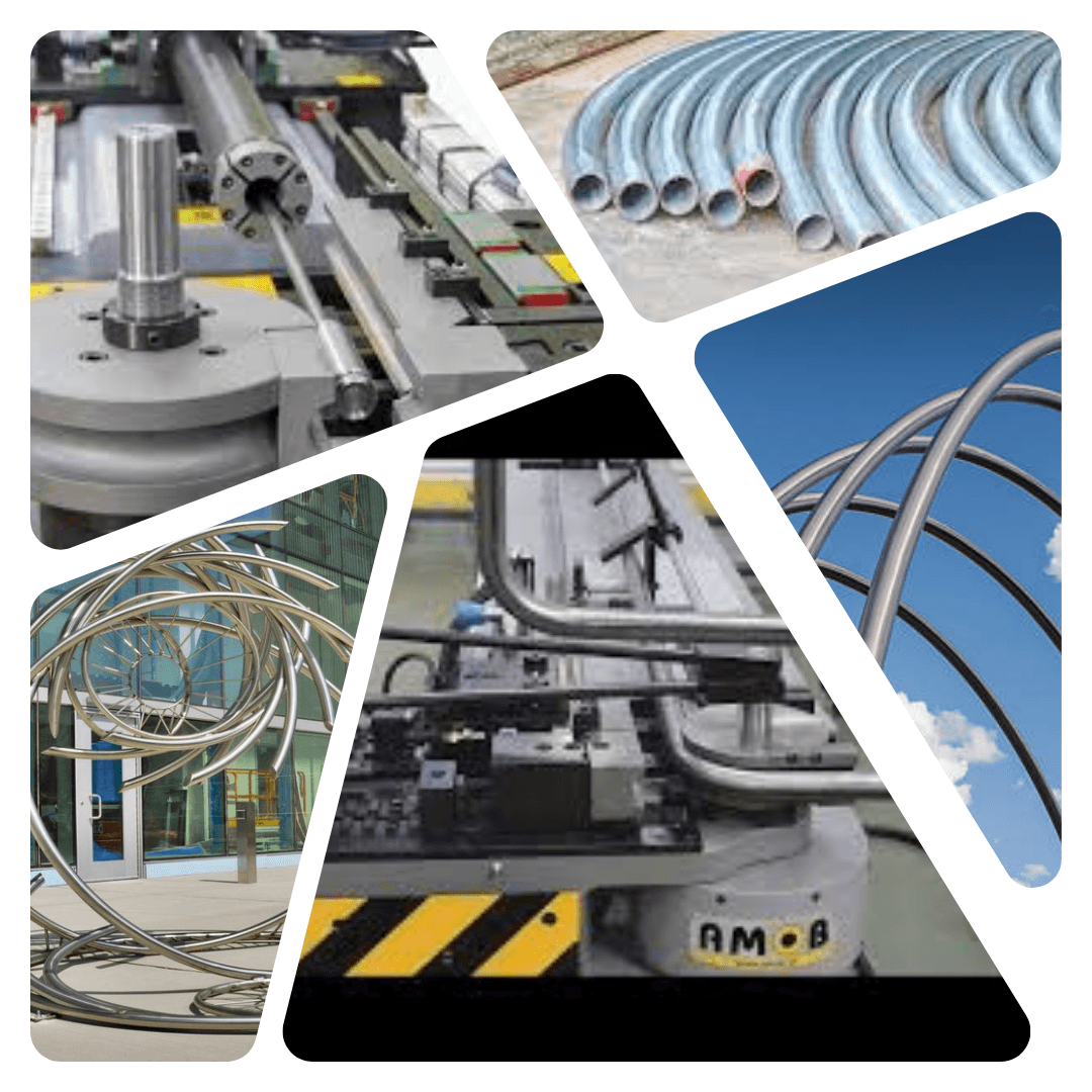 Metal bending technologies, including pipe bending, CNC machines, curved metal structures, and artistic metal designs.