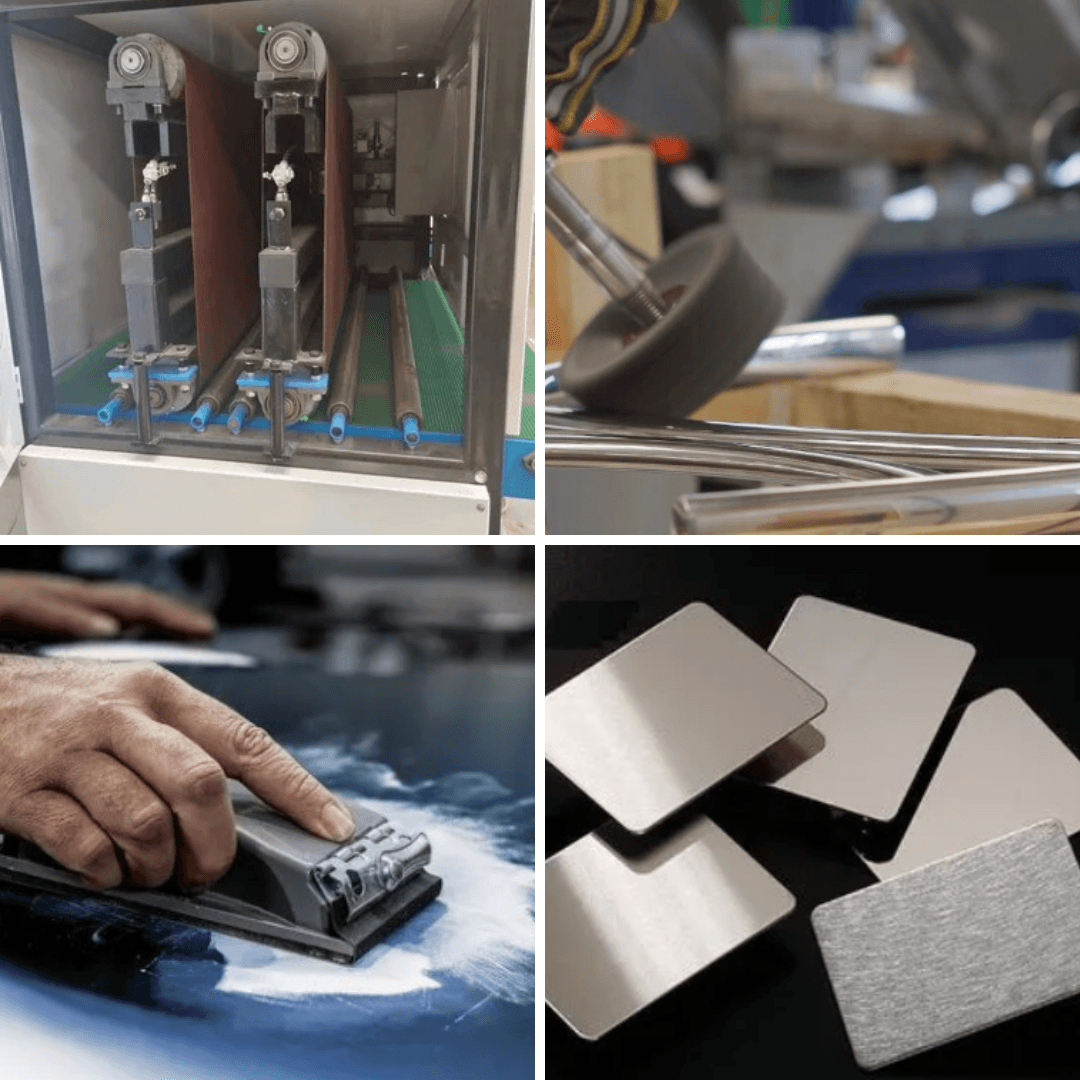 Metal finishing processes: belt grinding, polishing, sanding, and finished metal plates showcasing precision and quality.
