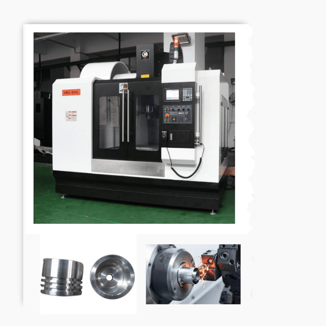 VMC-850L CNC machine with close-ups of a turned metal component, precision disc, and a lathe machine cutting a metal piece.
