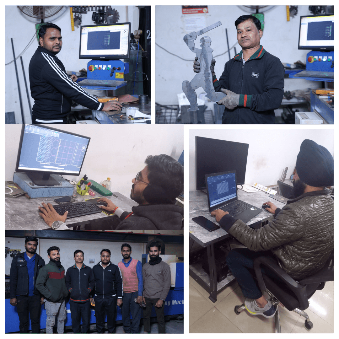 Collage featuring team members operating CNC machines, designing on CAD software, and a group portrait of the manufacturing team.
