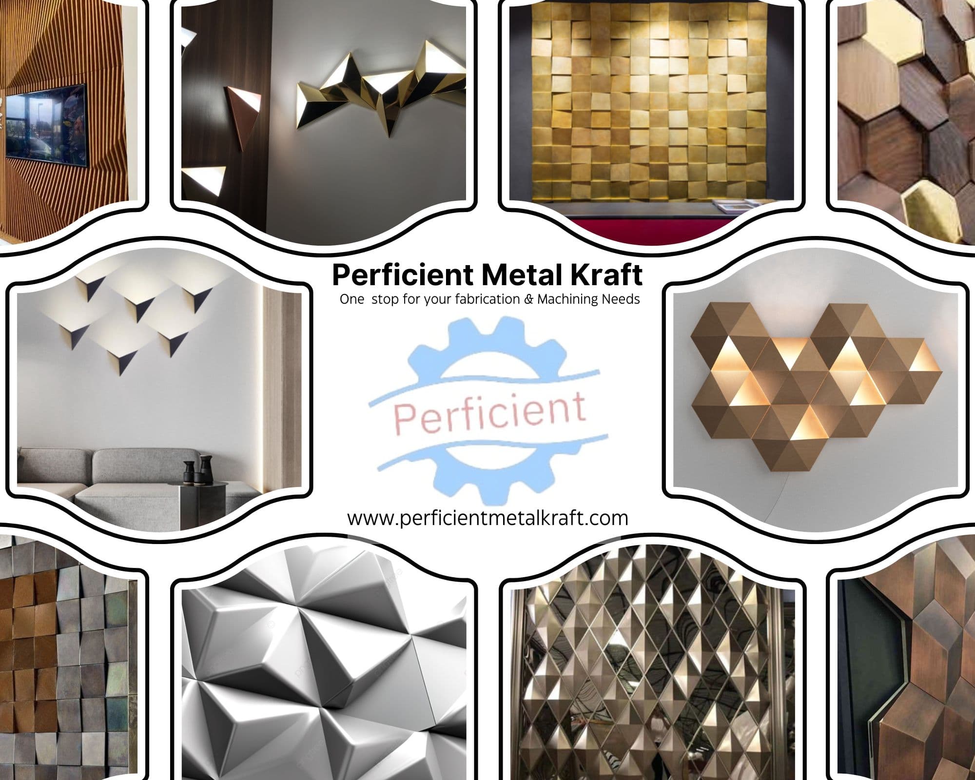 Geometric wall panels, textured metal surfaces, modern ceiling structures, and artistic installations in various shapes and finishes.