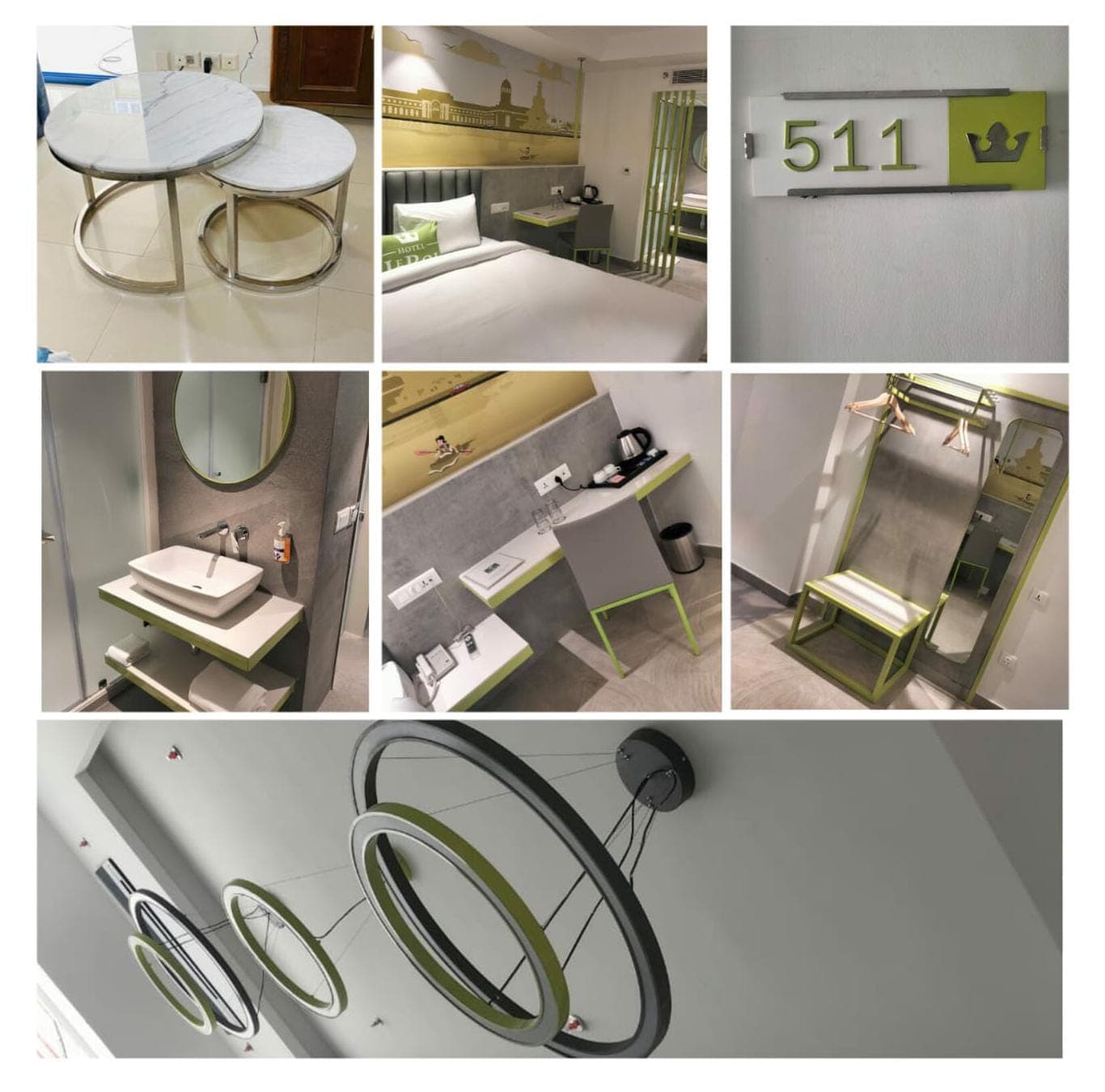 Functional furniture and fixtures for hospitality: nested tables, modern vanity, workspace, wardrobe with mirror, and circular lights.