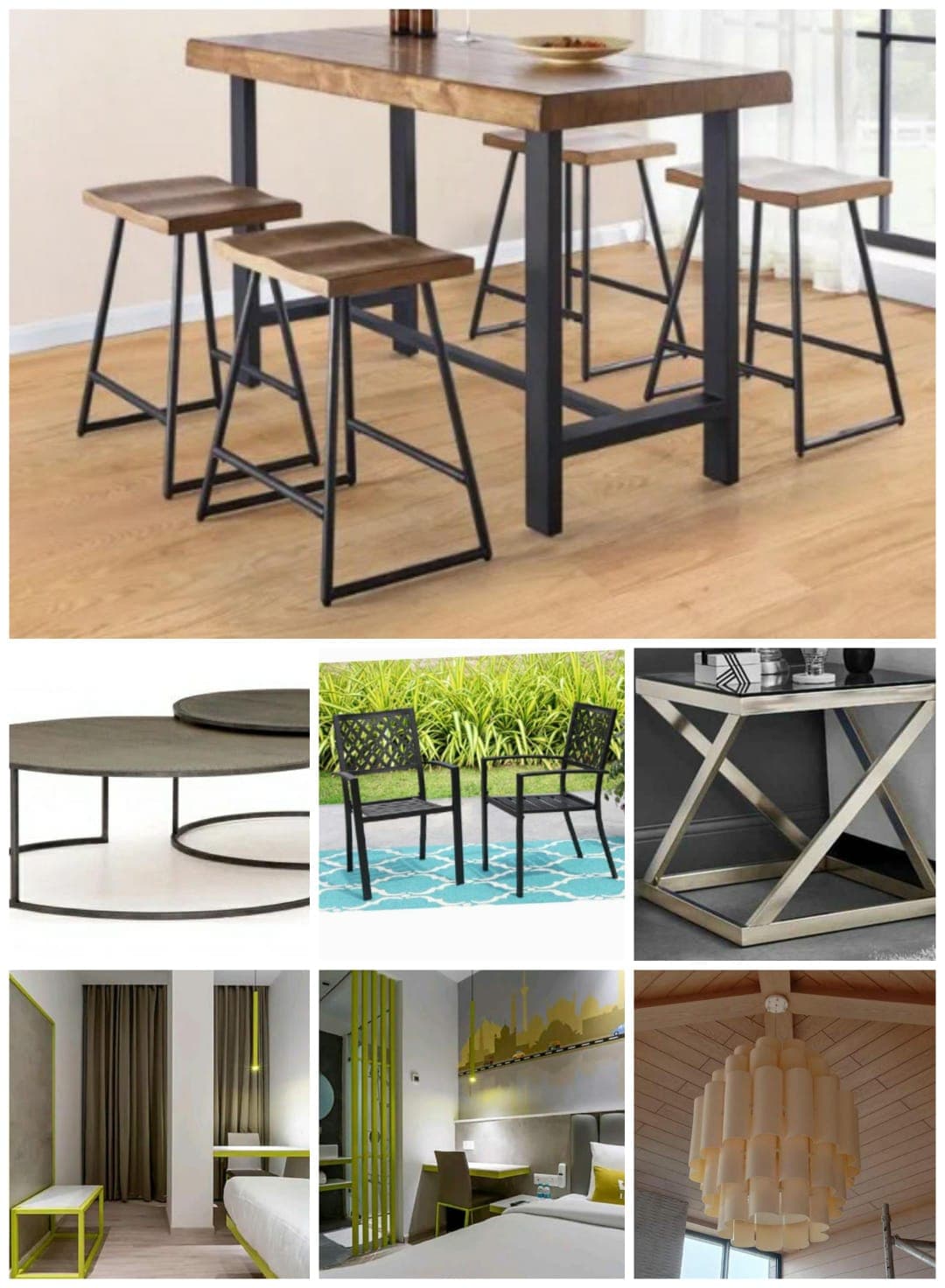 Wooden high table with metal stools, modern coffee tables, outdoor chairs, elegant side table, and contemporary bedroom designs with green accents.