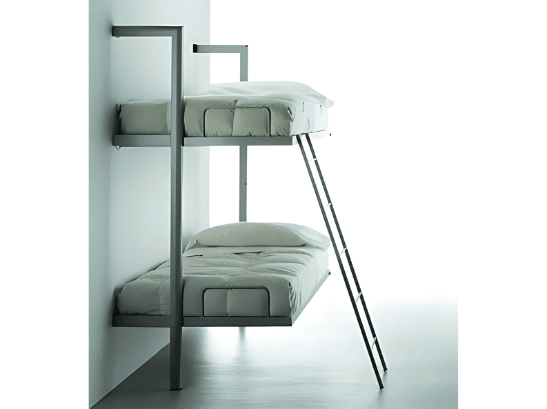Modern metal bunk bed with clean lines, attached to a wall and accessed by a ladder.