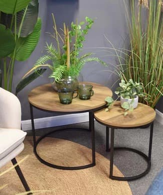 Two round wooden-top coffee tables with black metal frames, styled with green glassware and lush indoor plants.