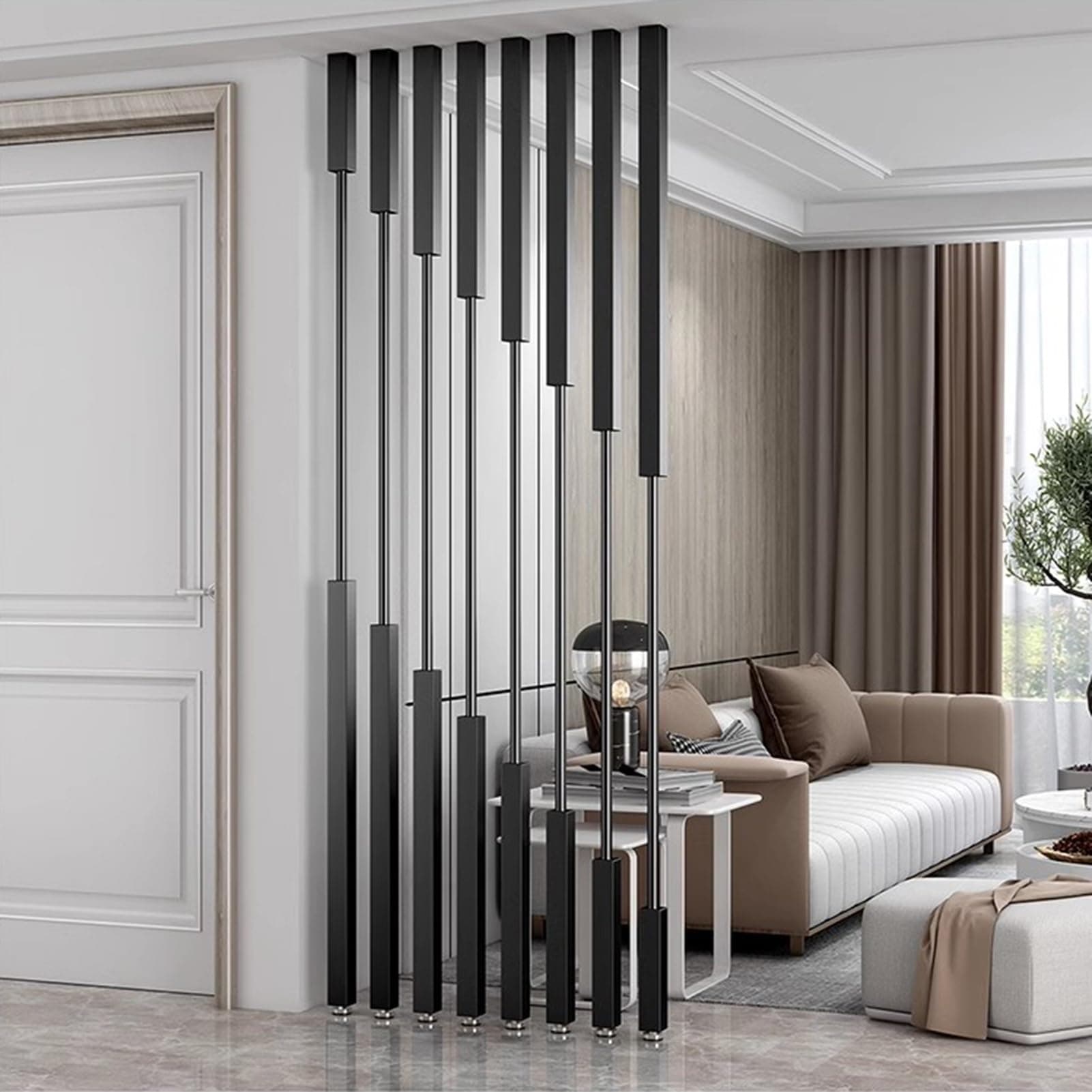 Modern living room with black vertical metal partition separating entryway from seating area.
