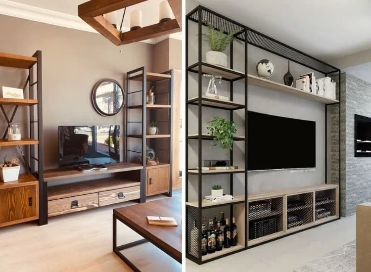 Two modern TV units with wooden shelves and black metal frames, styled with books, plants, and decor in stylish living rooms.