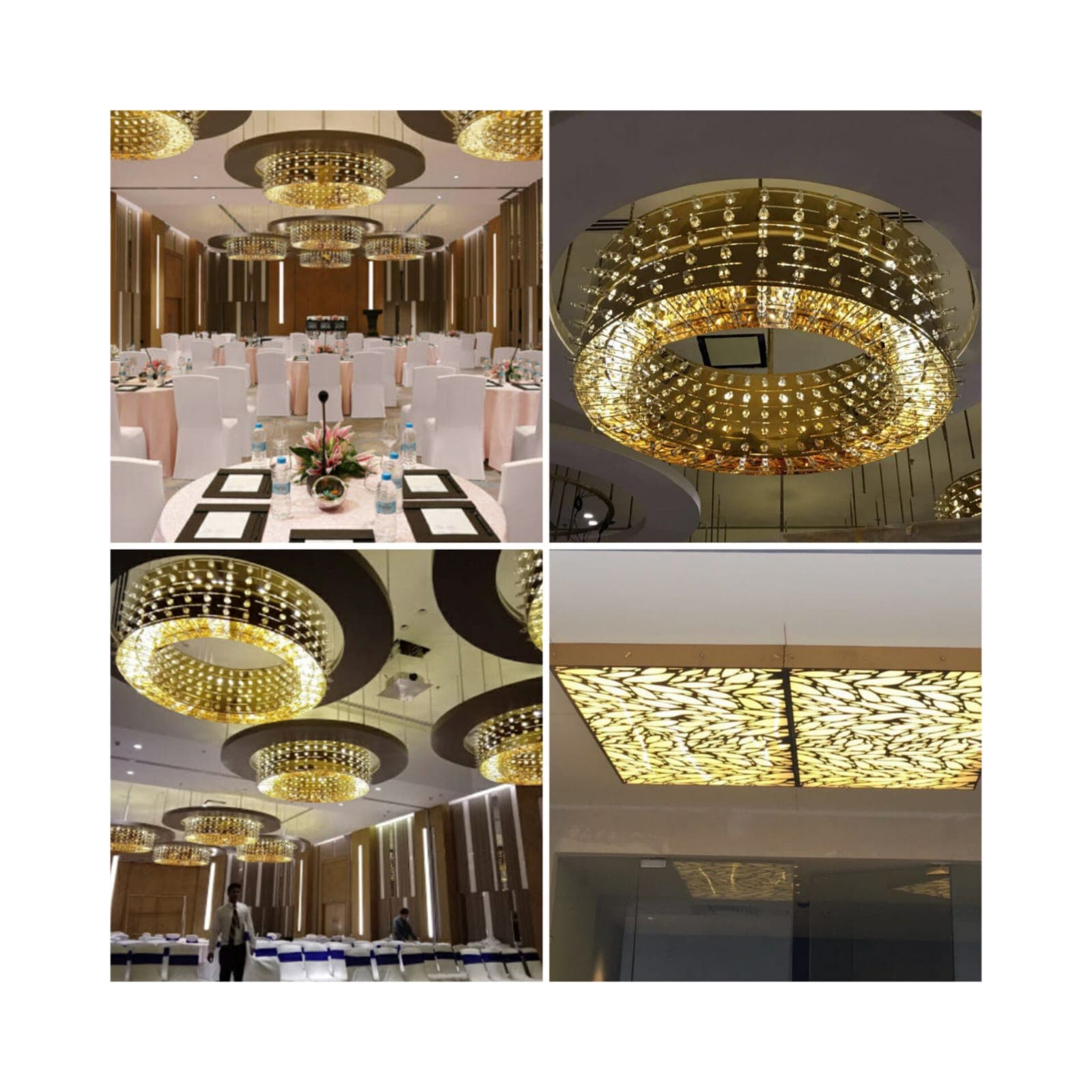 Luxurious lighting solutions for hospitality: crystal chandeliers, golden accents, and elegant patterned ceiling panels.