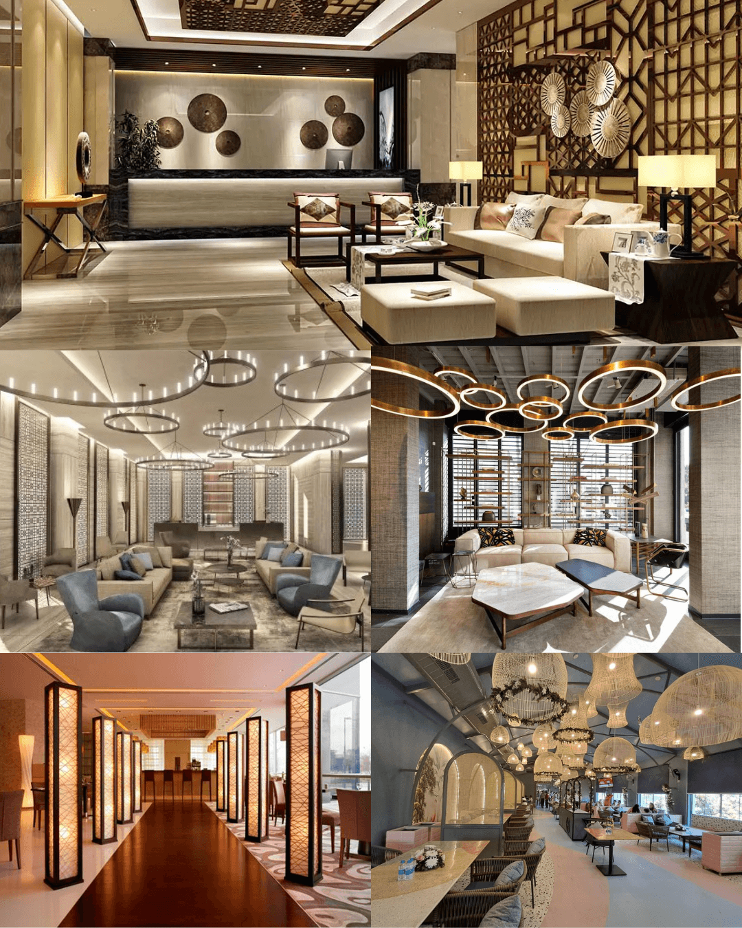 Collage of elegant interior designs showcasing luxurious furniture, intricate lighting fixtures, decorative wall panels, and modern seating areas in stylish hospitality spaces.