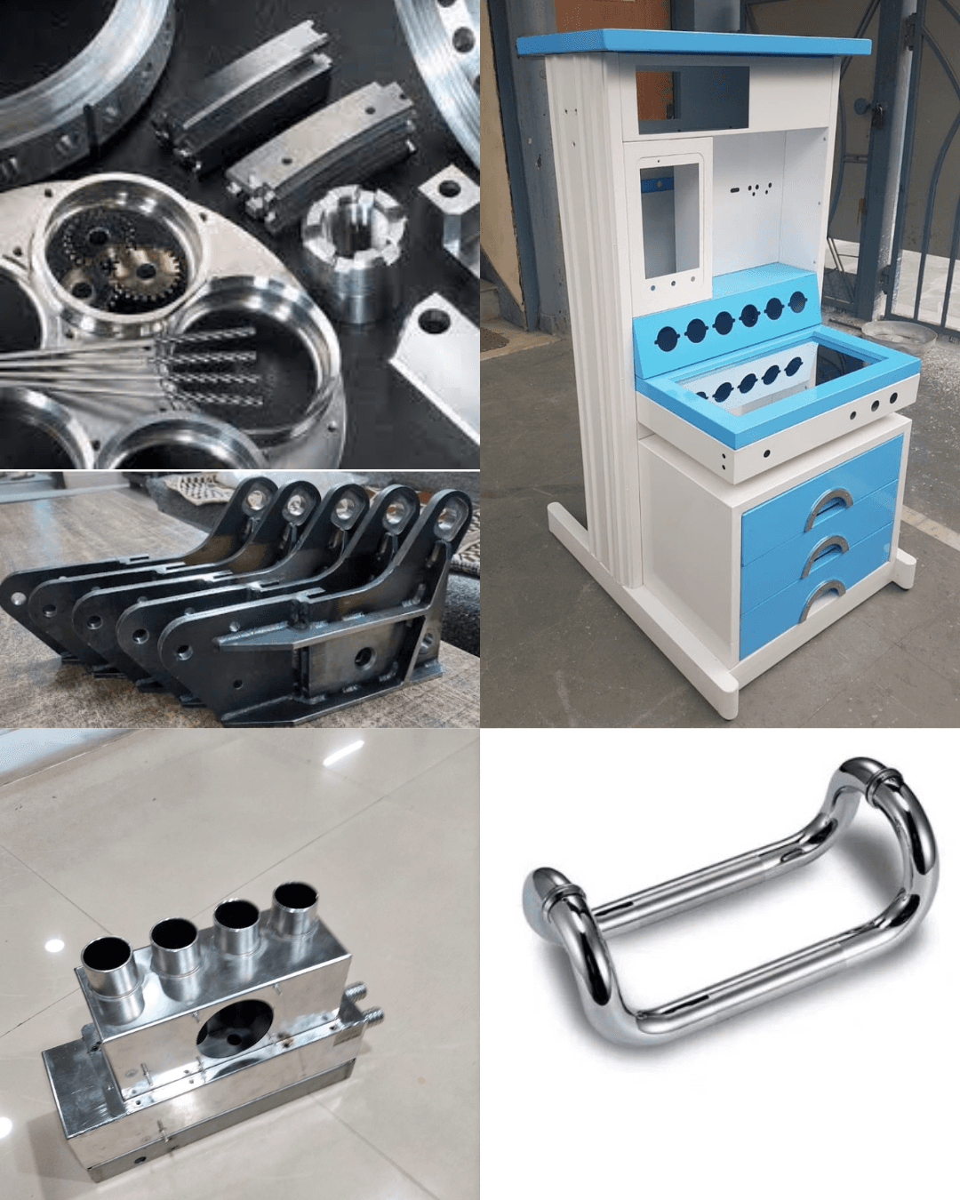 Collage of metal fabrication items: precision-machined components, a white and blue control console, industrial black mechanical brackets, a polished metal assembly block, and a chrome-finished door handle.
