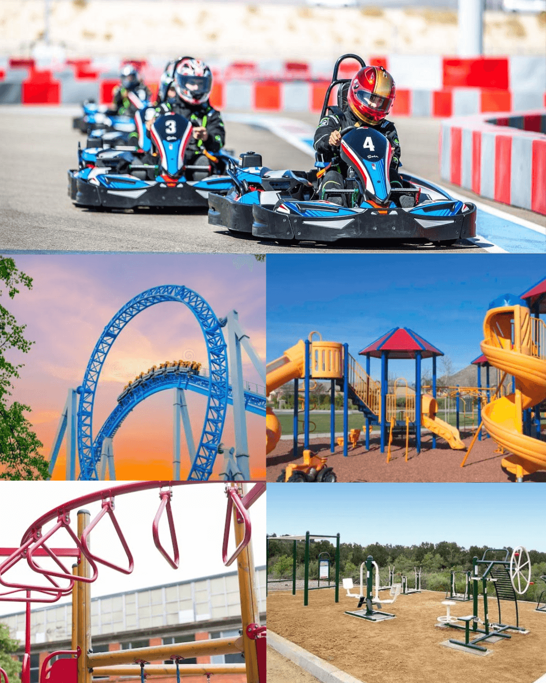 Collage of go-karting scenes featuring participants in helmets and racing suits driving colorful go-karts on outdoor tracks, with race marshals in the background overseeing the activity.