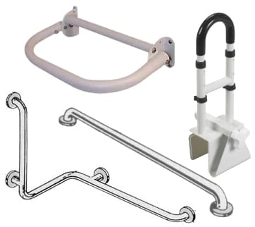 Various grab bars for support, including wall-mounted, corner-mounted, and clamp-on designs.