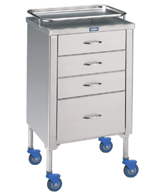 A stainless steel multipurpose trolley with four drawers, a top tray, and four blue swivel caster wheels for mobility.