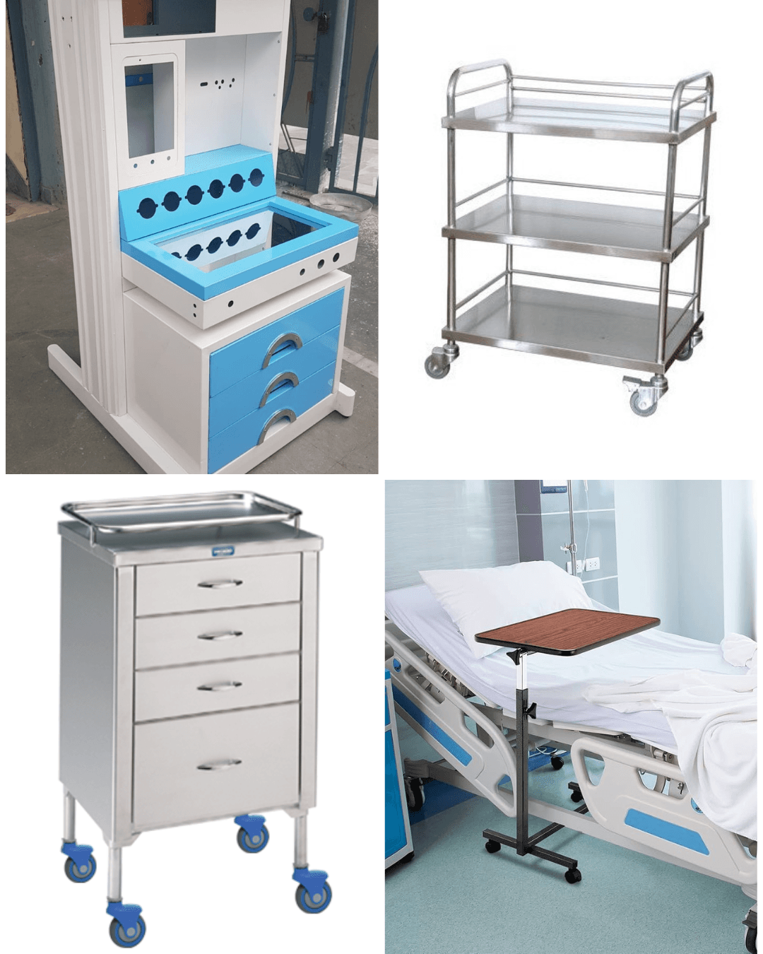 Healthcare furniture including a medical workstation, stainless steel trolleys, and a hospital overbed table.