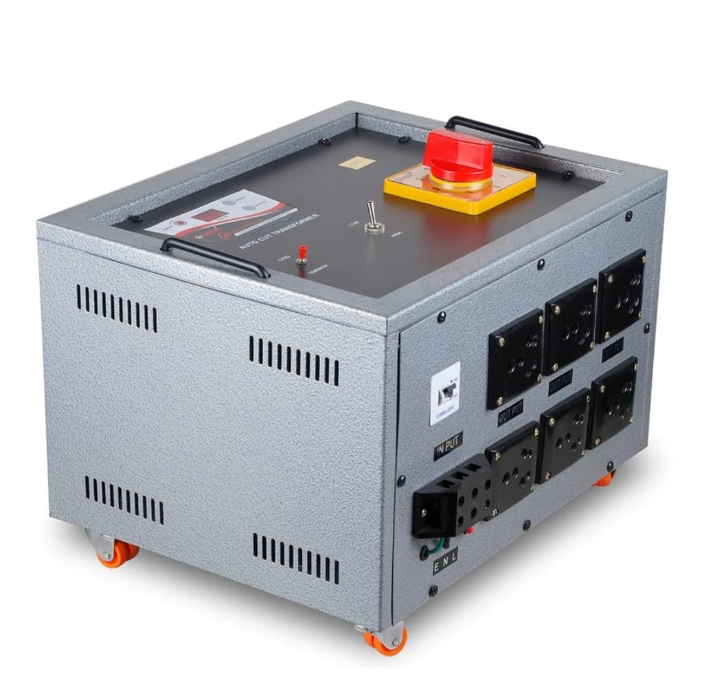 Industrial power control unit with multiple sockets, an emergency stop button, switches, and a metallic casing on wheels.
