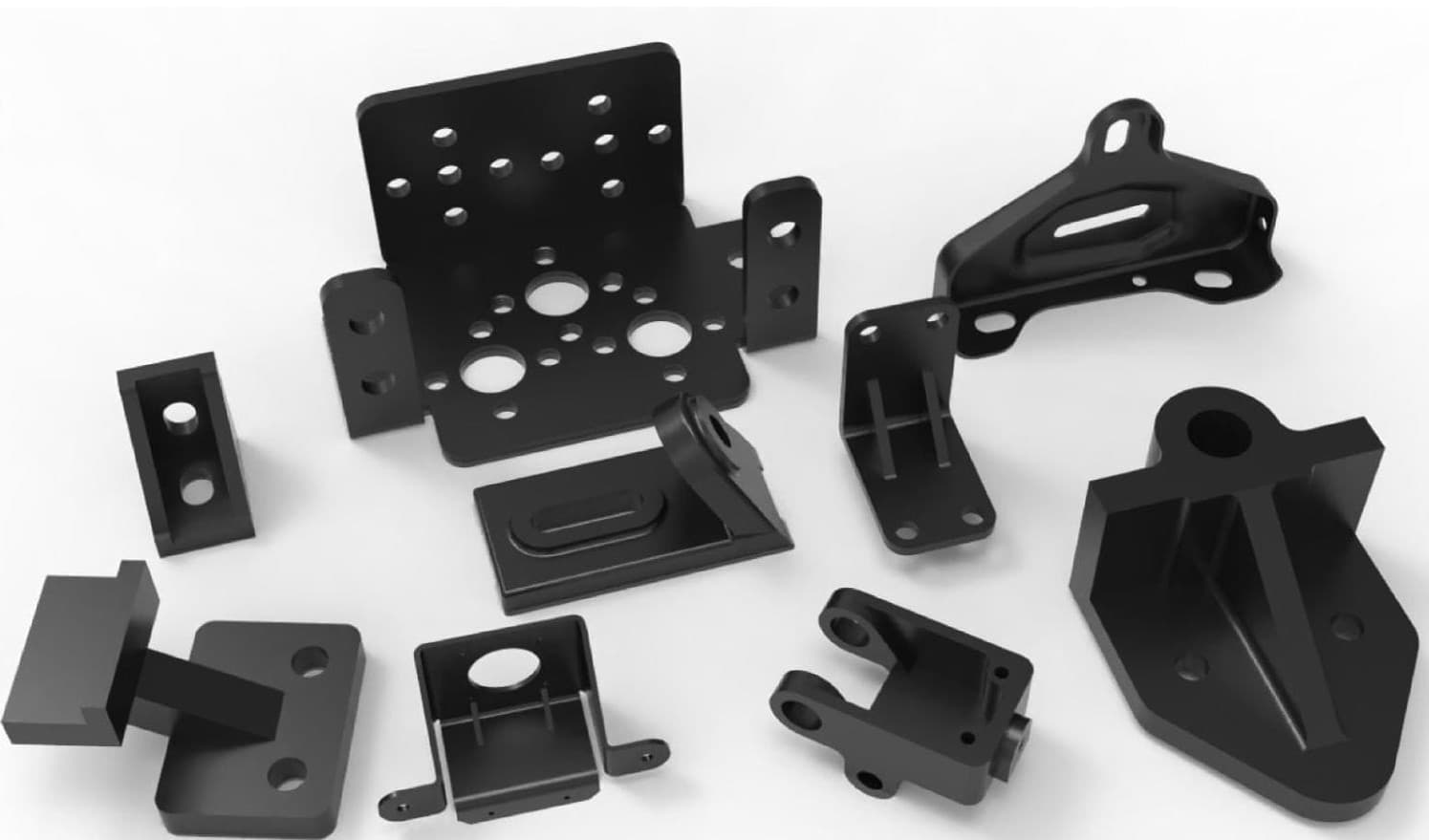 Various black metal brackets and mounting components with multiple holes, designed for structural and industrial applications.