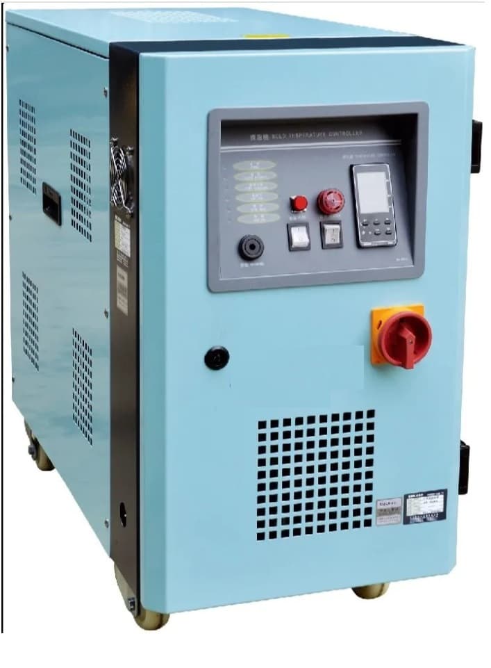 Temperature control unit with a digital display, control knobs, emergency stop button, and vented metal casing on wheels.