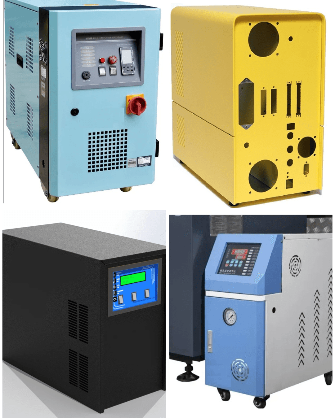 Industrial equipment including control panels, a yellow electronic enclosure, a black power unit, and a temperature controller.