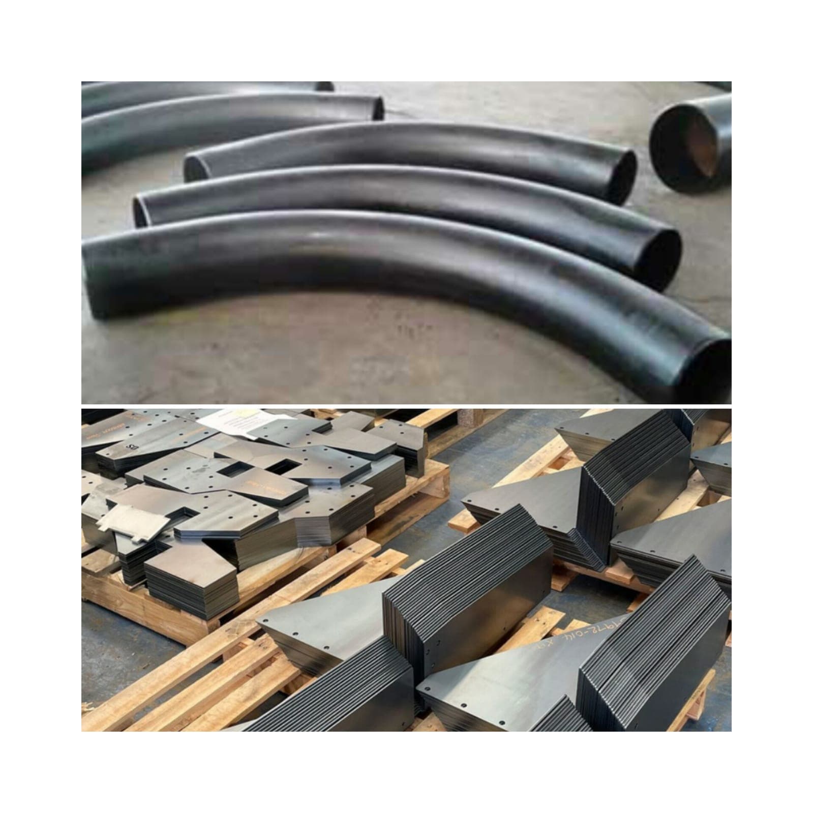 Metal pipe bends and stacks of precision laser-cut metal plates arranged on wooden pallets.