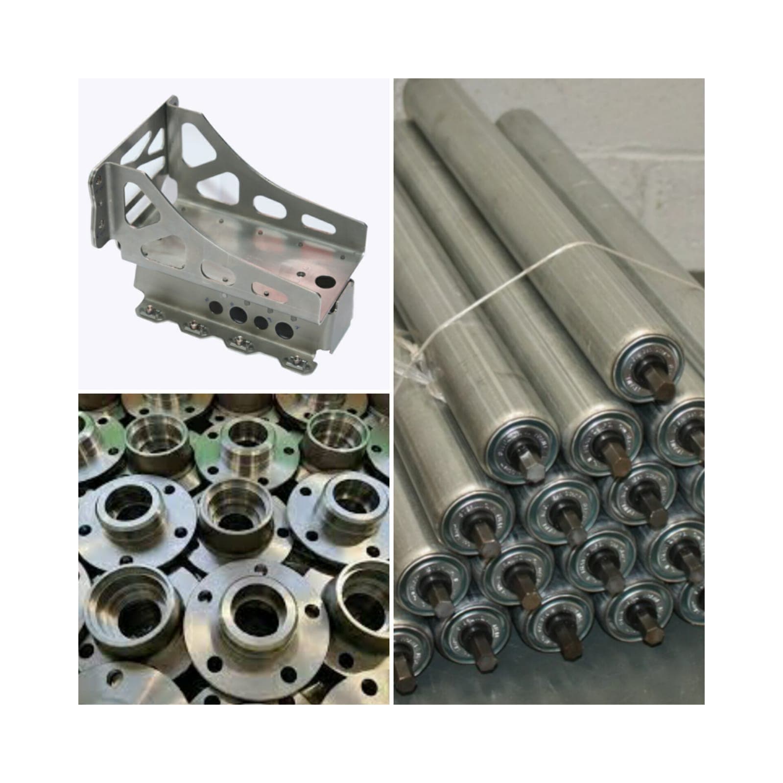 Precision-engineered metal components: a machine bracket, conveyor rollers, and flanged fittings.
