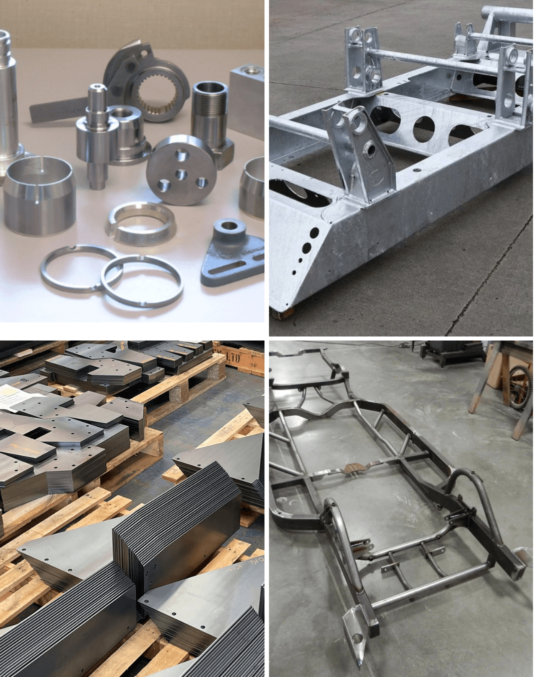 Precision metal parts, structural frames, sheet metal stacks, and a welded chassis in an industrial setup.