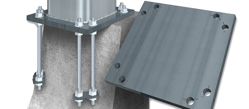 Tensile base plate with anchor bolts securing a column to a concrete foundation, ensuring load transfer and structural stability.