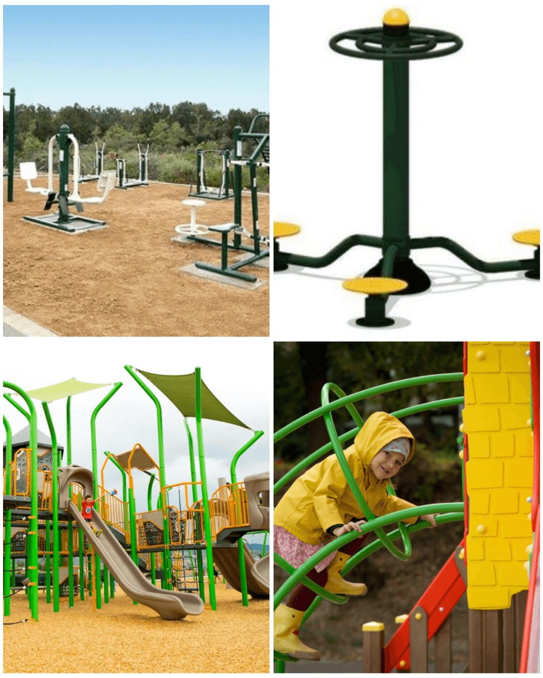 Durable playground structures and open gym equipment designed for active play and fitness.