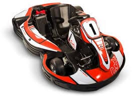 Close-up of a red and white go-kart with detailed design and number 1 on the front.
