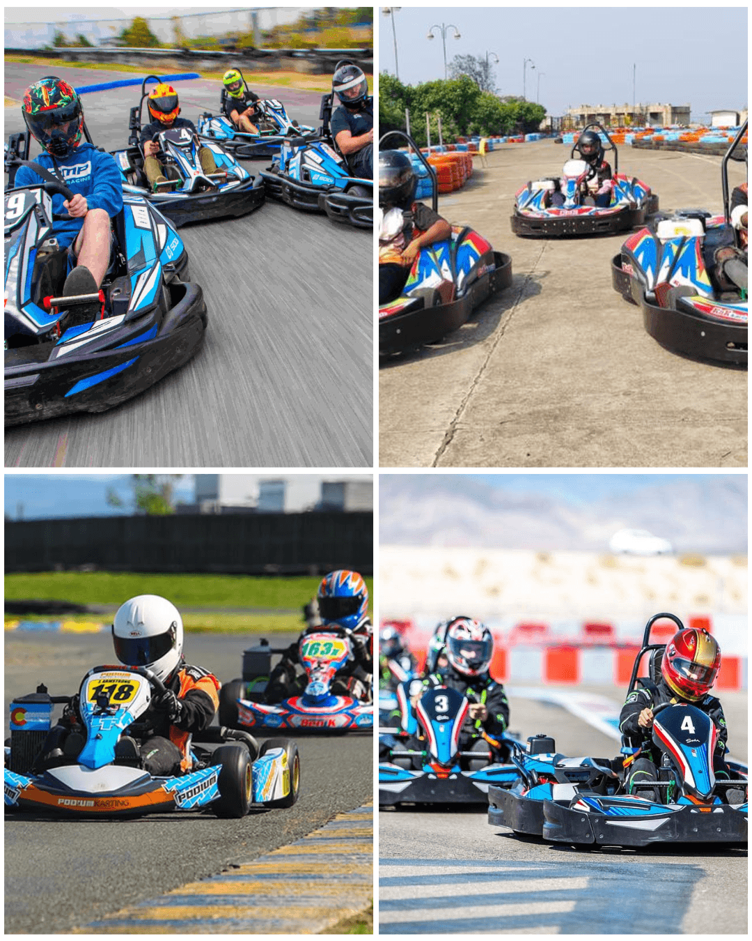 Collage of go-kart racing featuring vibrant karts on various tracks. Images show groups of racers in action, showcasing dynamic turns, speed, and safety gear like helmets on outdoor circuits.