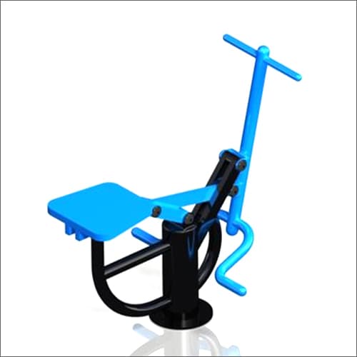 Blue and black outdoor fitness Aero Rider for upper body and cardio workouts, featuring a seated rowing mechanism.