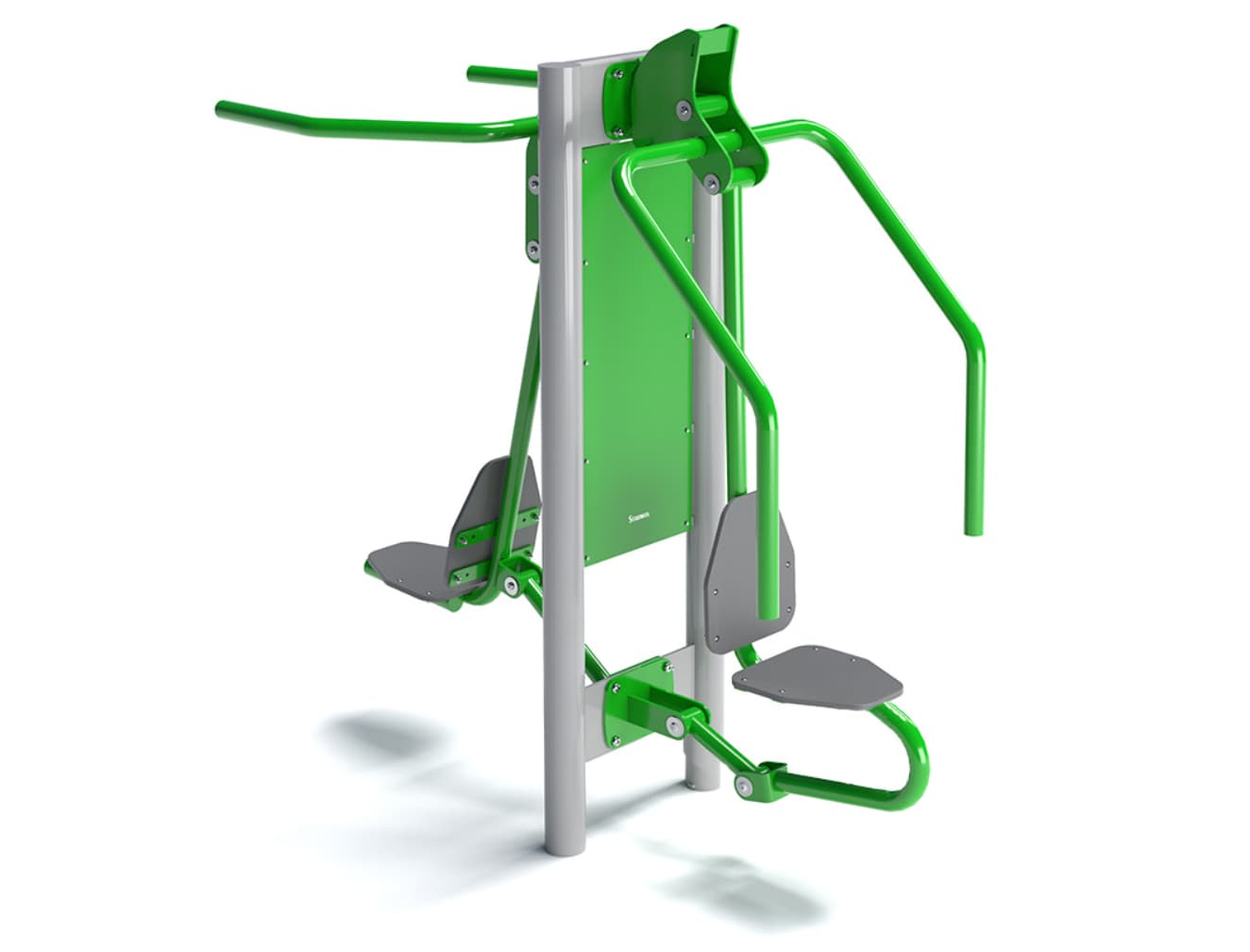 Outdoor chest press fitness equipment with a green and gray design, featuring dual seats and handles for strength training exercises.