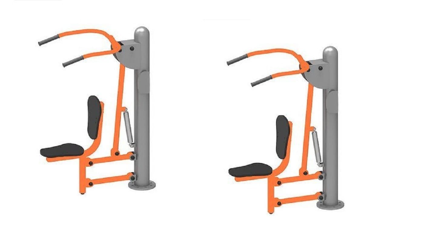 Outdoor shoulder press fitness equipment with a gray and orange design, featuring seats and overhead handles for strength training.