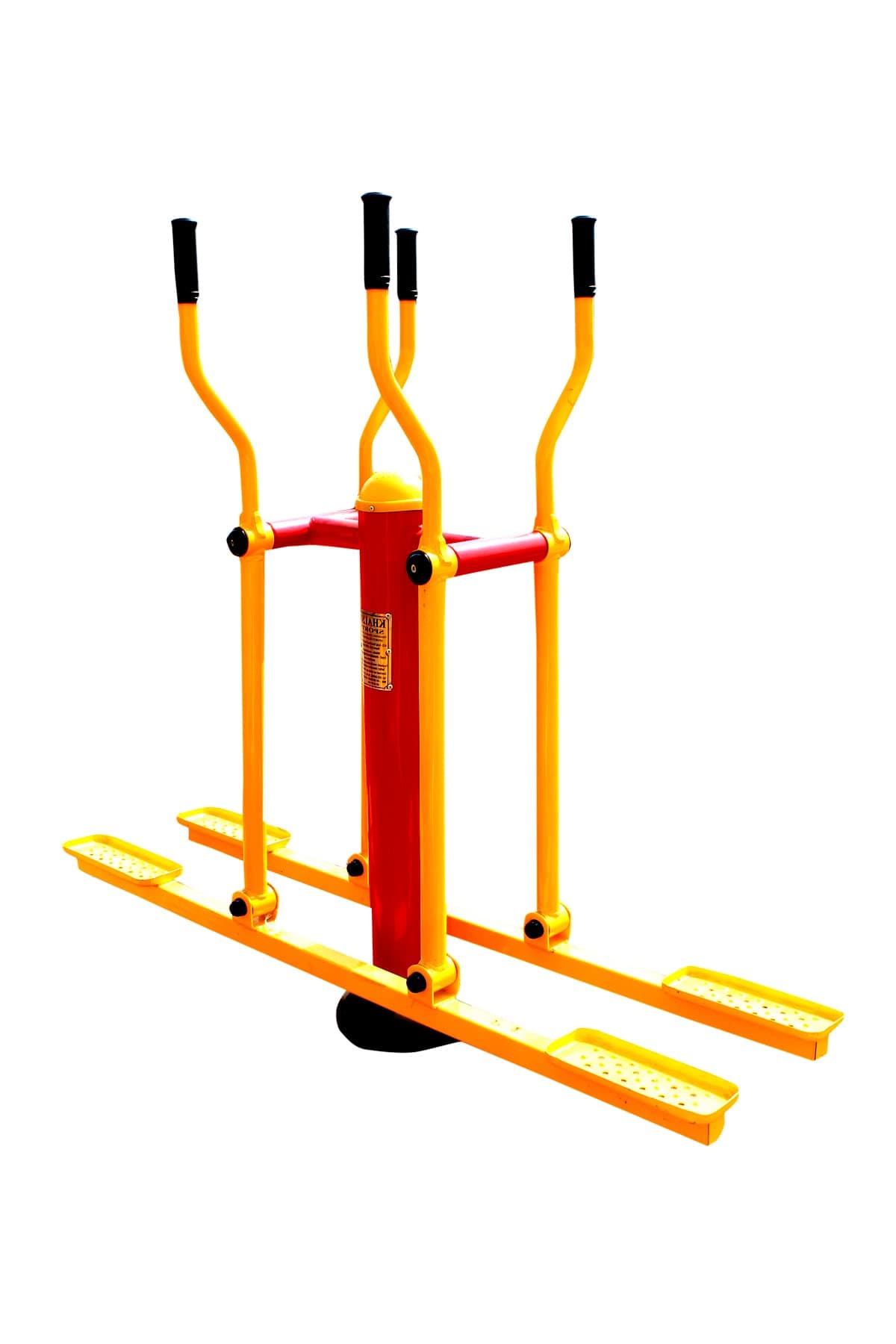 Sky Walker equipment, yellow and red design, offering low-impact gliding motion to improve lower body strength and cardiovascular health.