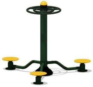 Standing Twister playground equipment with a green base, central steering wheel, and yellow footrests for group exercise.
