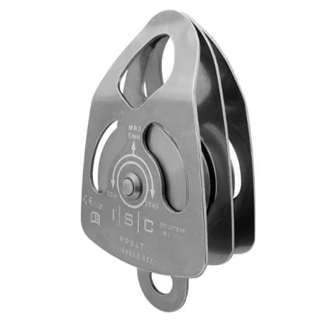 Silver double pulley with a sturdy design and engraved specifications.