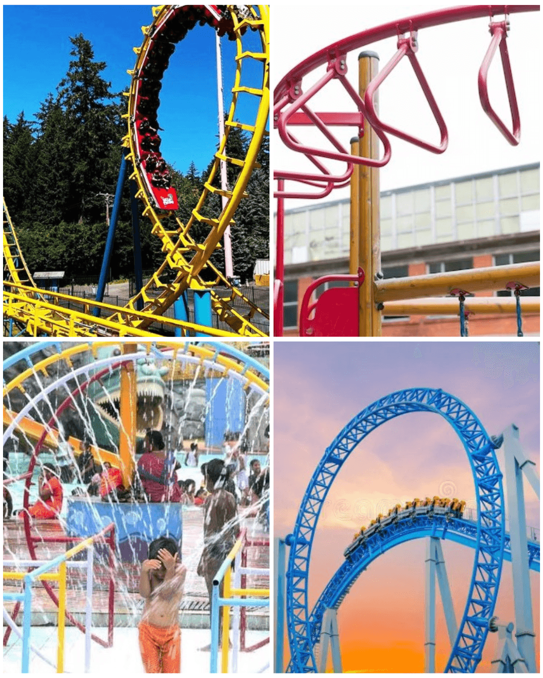 Collage of amusement park attractions showcasing vibrant roller coasters with loops and twists, a blue coaster at sunset, and a water play area with colorful structures and people enjoying the sprays.