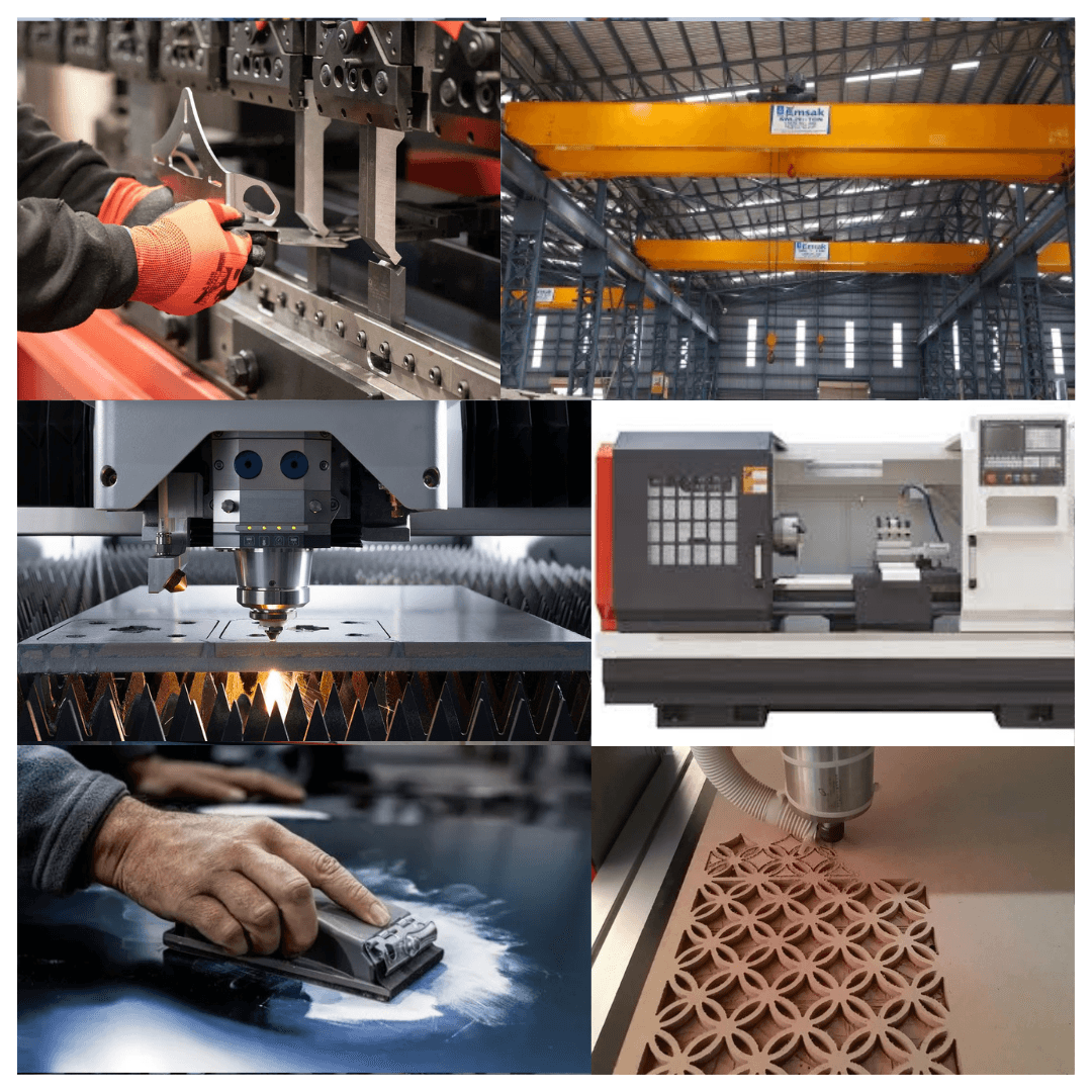 Collage showcasing advanced manufacturing processes and equipment, including CNC machining, laser cutting, sanding, and industrial setups.